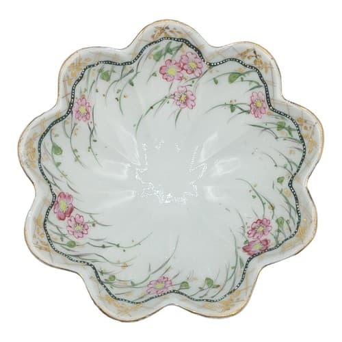 Vintage Japanese 3 Footed Bowl Scalloped White Translucent Pink Handpainted - Thumbnail 2