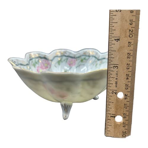 Vintage Japanese 3 Footed Bowl Scalloped White Translucent Pink Handpainted - Thumbnail 12