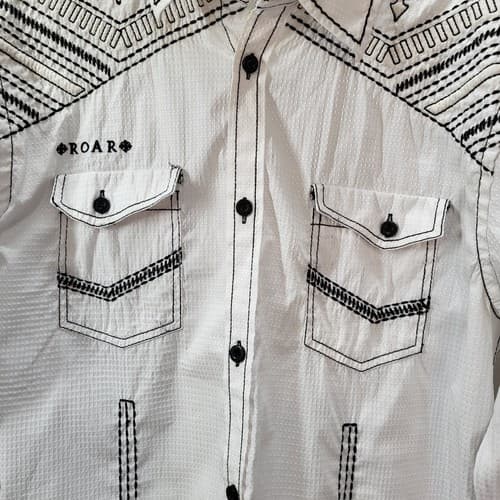 Roar Mens Shirt L White Heavy Embroidery Shotgun Cuffs Cotton Stretch Rodeo - Thumbnail 5