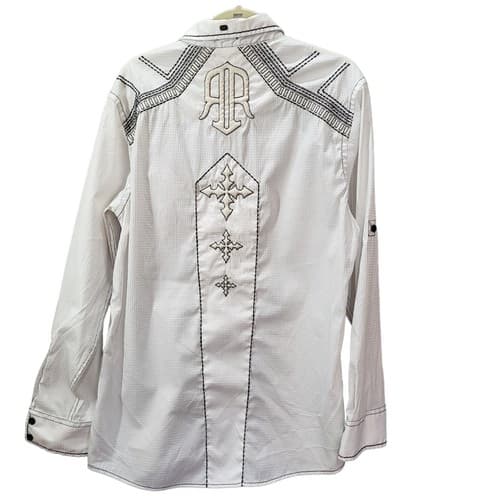 Roar Mens Shirt L White Heavy Embroidery Shotgun Cuffs Cotton Stretch Rodeo - Thumbnail 2