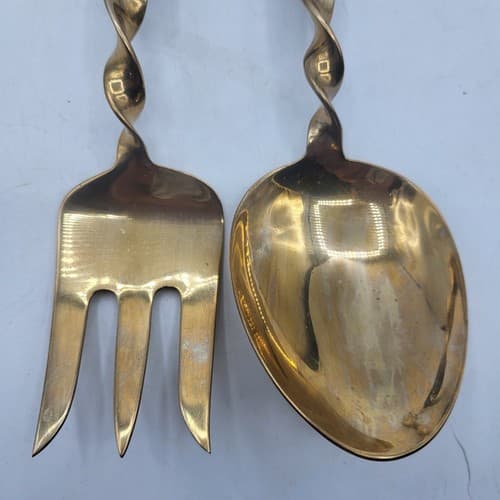 Siam Cutlery Salad Fork & Spoon Thai Brass Teak Handles Praying Buddha Design - Thumbnail 2
