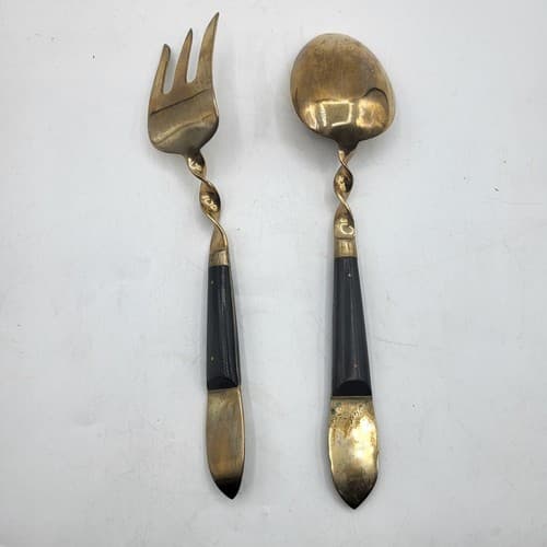 Siam Cutlery Salad Fork & Spoon Thai Brass Teak Handles Praying Buddha Design - Thumbnail 9