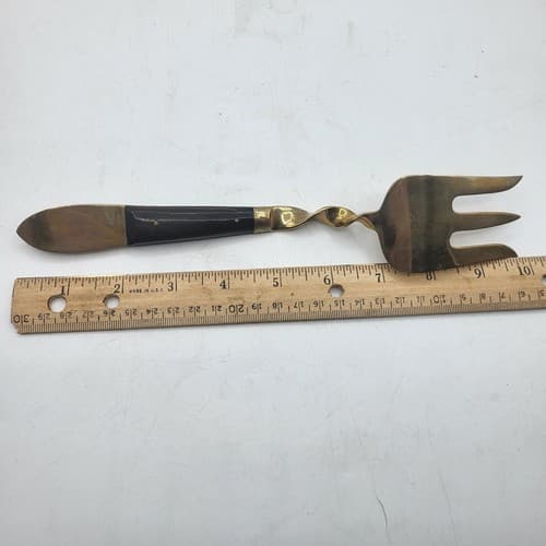Siam Cutlery Salad Fork & Spoon Thai Brass Teak Handles Praying Buddha Design - Thumbnail 8