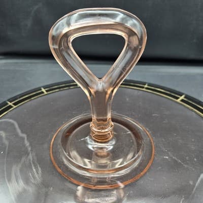Vintage Pink Depression Glass Tidbit Tray Art Deco Black Band Gold Trim EUC - Thumbnail 5