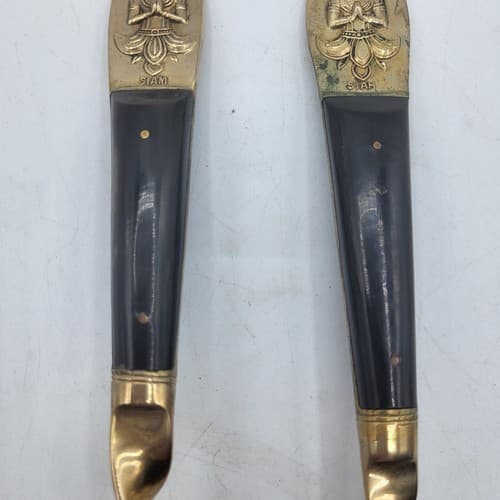 Siam Cutlery Salad Fork & Spoon Thai Brass Teak Handles Praying Buddha Design - Thumbnail 3