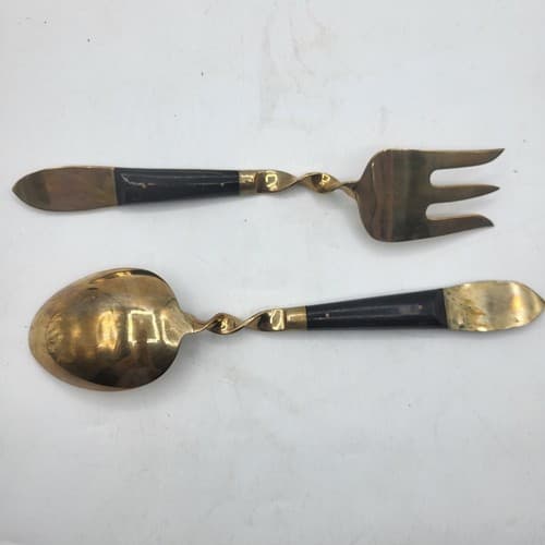 Siam Cutlery Salad Fork & Spoon Thai Brass Teak Handles Praying Buddha Design - Thumbnail 6
