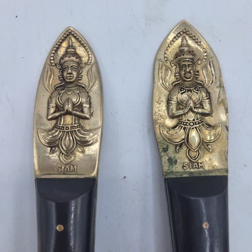 Siam Cutlery Salad Fork & Spoon Thai Brass Teak Handles Praying Buddha Design - Thumbnail 4