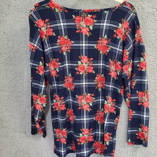 Arabell Womens Blouse Top 1X Navy Check Red Roses Hi-Lo Poly Spandex Flowey Plus - Thumbnail 3