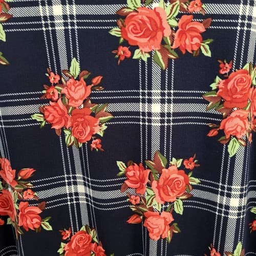 Arabell Womens Blouse Top 1X Navy Check Red Roses Hi-Lo Poly Spandex Flowey Plus - Thumbnail 4