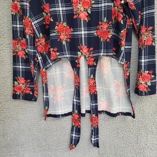Arabell Womens Blouse Top 1X Navy Check Red Roses Hi-Lo Poly Spandex Flowey Plus - Thumbnail 6