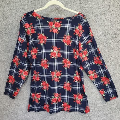 Arabell Womens Blouse Top 1X Navy Check Red Roses Hi-Lo Poly Spandex Flowey Plus - Thumbnail 2