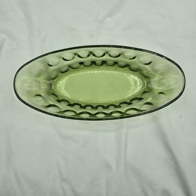 Vintage Indiana Glass Avocado Green Thumbprint Dish Oval MCM Relish Candy Sauce - Thumbnail 4