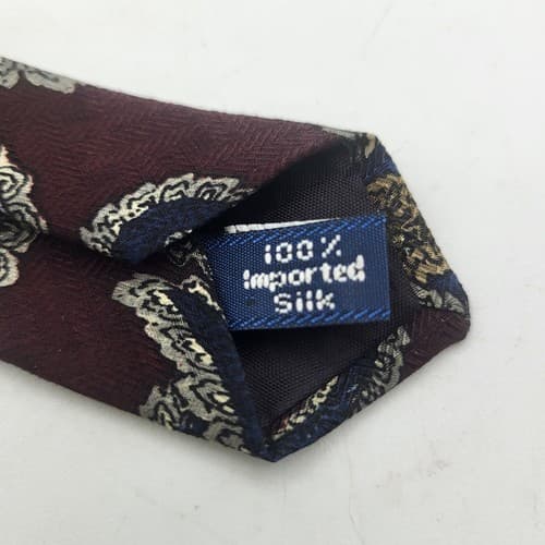 Halston Mens Tie Wine Print Paisley Leaf Imported Silk Handmade in USA Designer - Thumbnail 7