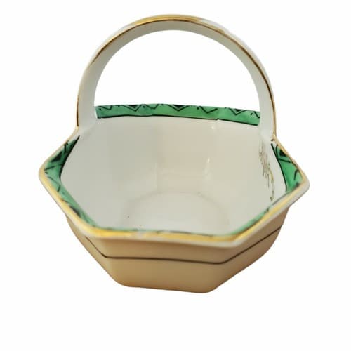 Noritake Handpainted Octagon Small Basket Gold Handle Flowers Art Deco Trim - Thumbnail 6