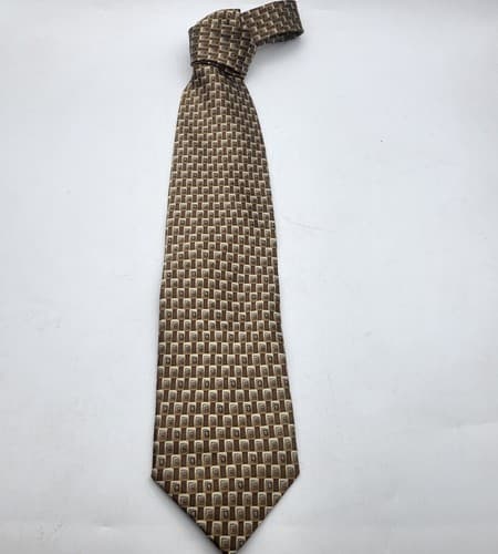Stonehenge Mens Necktie Tan Cream Satin Geometric Print Modern Handmade New - Thumbnail 2