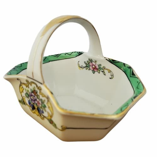 Noritake Handpainted Octagon Small Basket Gold Handle Flowers Art Deco Trim - Thumbnail 2