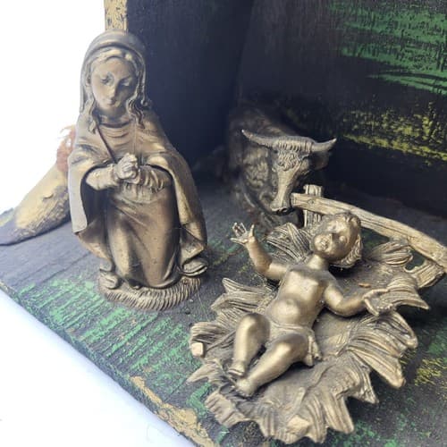 Vintage Fontanini Wooden Nativity Manager 5 Figurine Thatched Roof Rustic Italy - Thumbnail 10
