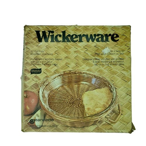 Vintage Jeanette Glass Pie Plate & Wicker Set Wickerware 10" Original Box - Thumbnail 2