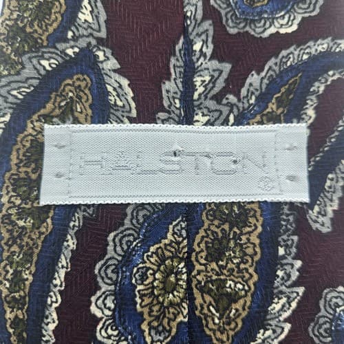 Halston Mens Tie Wine Print Paisley Leaf Imported Silk Handmade in USA Designer - Thumbnail 6