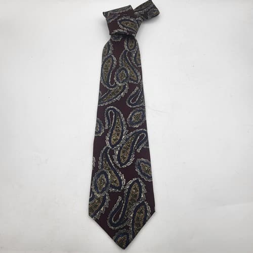 Halston Mens Tie Wine Print Paisley Leaf Imported Silk Handmade in USA Designer - Thumbnail 5