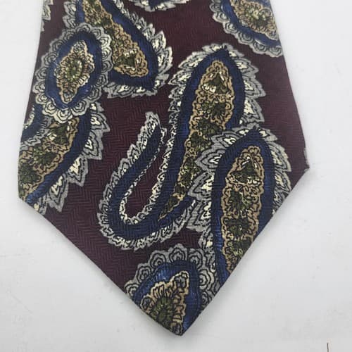 Halston Mens Tie Wine Print Paisley Leaf Imported Silk Handmade in USA Designer - Thumbnail 4