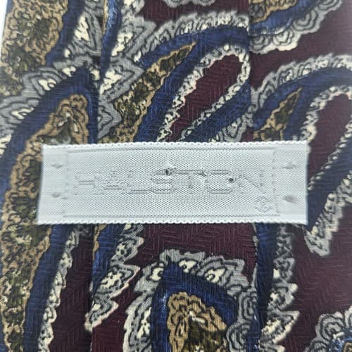 Halston Mens Tie Wine Print Paisley Leaf Imported Silk Handmade in USA Designer - Thumbnail 2
