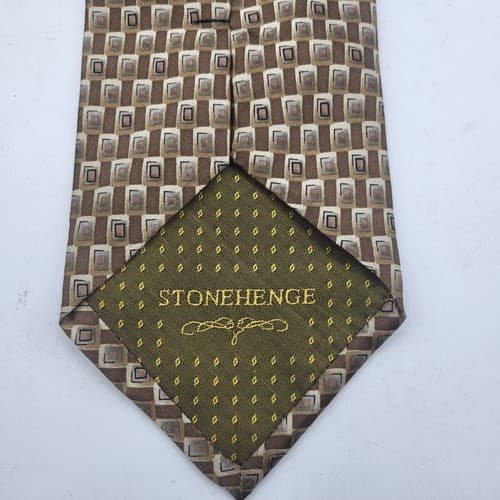 Stonehenge Mens Necktie Tan Cream Satin Geometric Print Modern Handmade New - Thumbnail 7