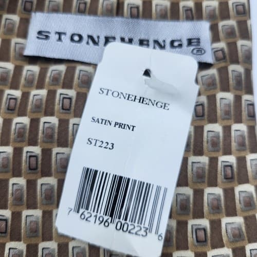 Stonehenge Mens Necktie Tan Cream Satin Geometric Print Modern Handmade New - Thumbnail 6
