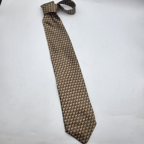 Stonehenge Mens Necktie Tan Cream Satin Geometric Print Modern Handmade New - Thumbnail 8
