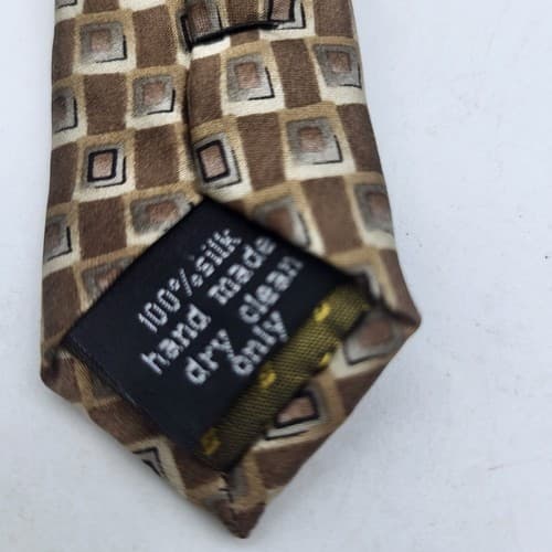 Stonehenge Mens Necktie Tan Cream Satin Geometric Print Modern Handmade New - Thumbnail 5