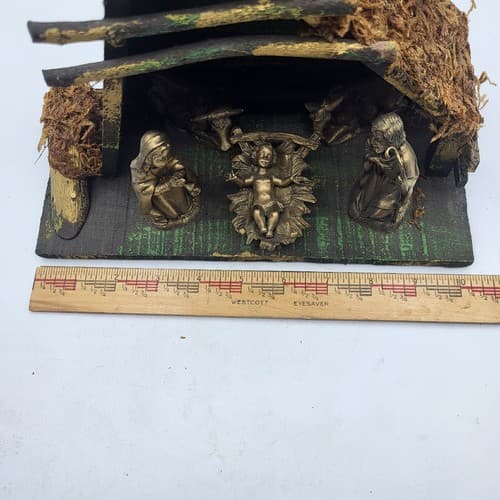 Vintage Fontanini Wooden Nativity Manager 5 Figurine Thatched Roof Rustic Italy - Thumbnail 14