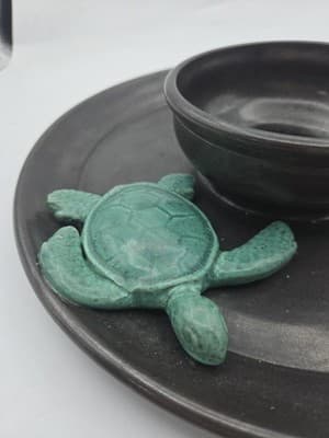 Handmade Sea Turtle Chip & Dip Dish Ceramic Black Green 3D Beach Unique Gift - Thumbnail 2