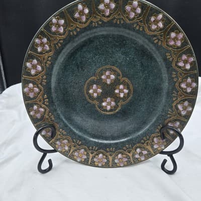 VTG TOYO Decorative Plate Green Handpainted Pink Gold Flowers Japanese Ornate - Thumbnail 13