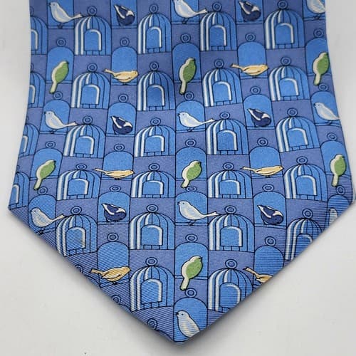 Tommy Hilfiger Mens Tie Blue Geometric Birds Imported Silk 56 x 3.75" USA NWOT - Thumbnail 3