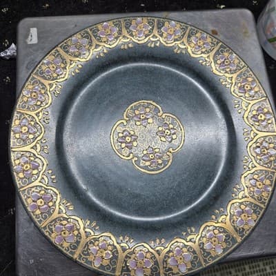 VTG TOYO Decorative Plate Green Handpainted Pink Gold Flowers Japanese Ornate - Thumbnail 2