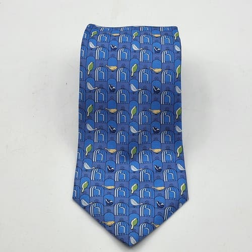 Tommy Hilfiger Mens Tie Blue Geometric Birds Imported Silk 56 x 3.75" USA NWOT - Thumbnail 2