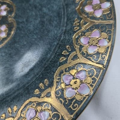 VTG TOYO Decorative Plate Green Handpainted Pink Gold Flowers Japanese Ornate - Thumbnail 4