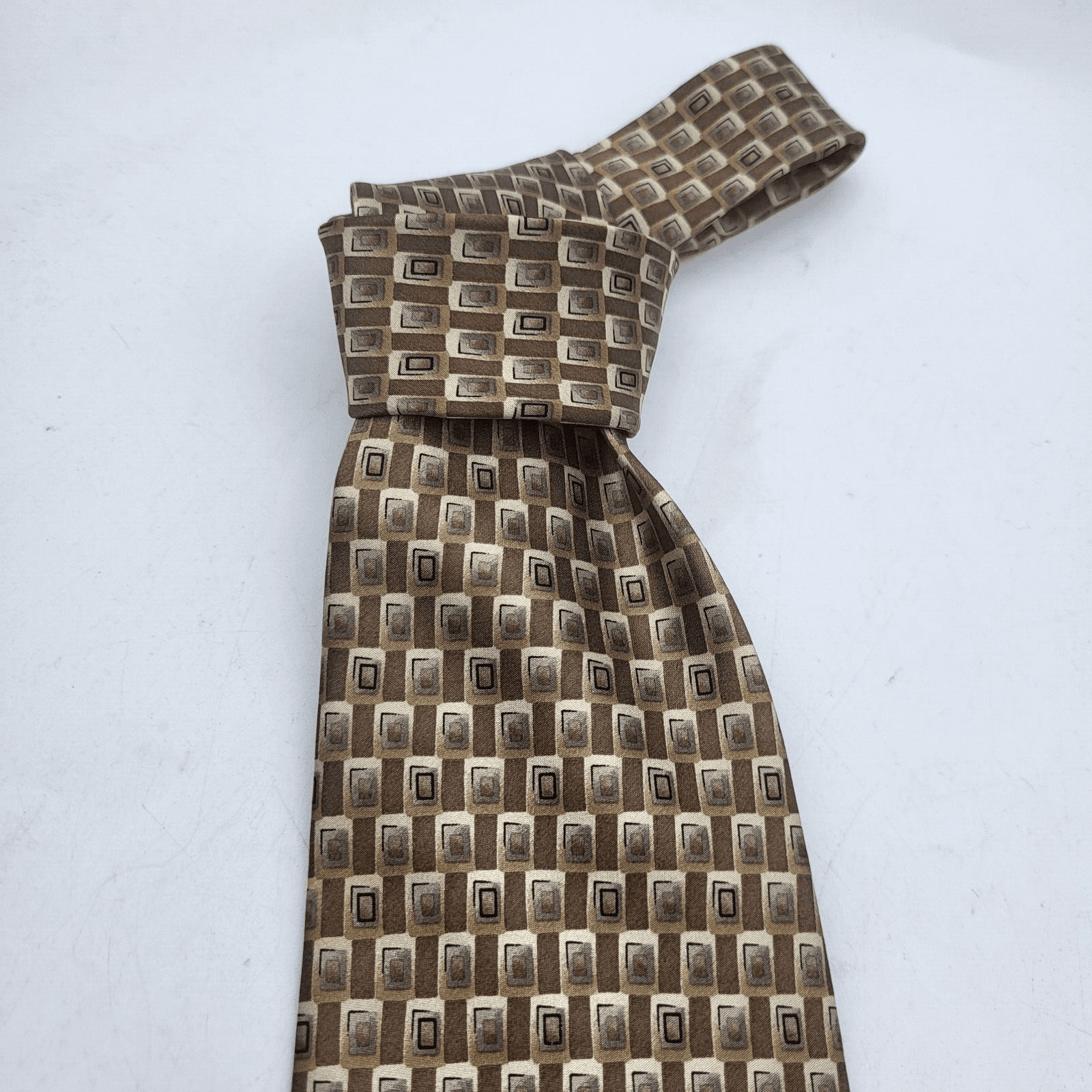 Stonehenge Mens Necktie Tan Cream Satin Geometric Print Modern Handmade New - Thumbnail 9