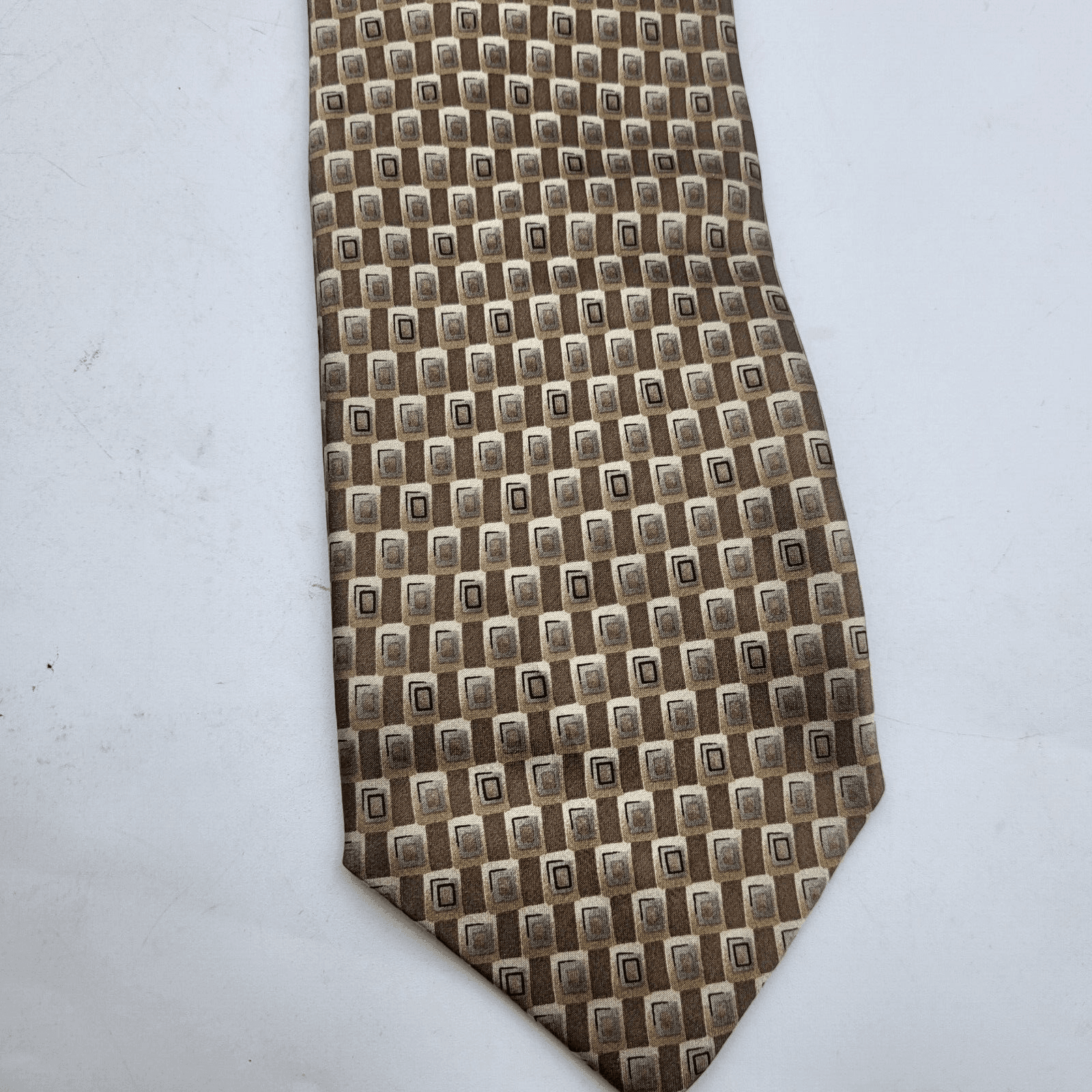 Stonehenge Mens Necktie Tan Cream Satin Geometric Print Modern Handmade New - Thumbnail 4