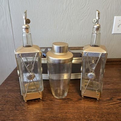 MCM Barware Set Musical Decanters Shaker Shot Glasses in Cart Brushed Goldtone - Thumbnail 5