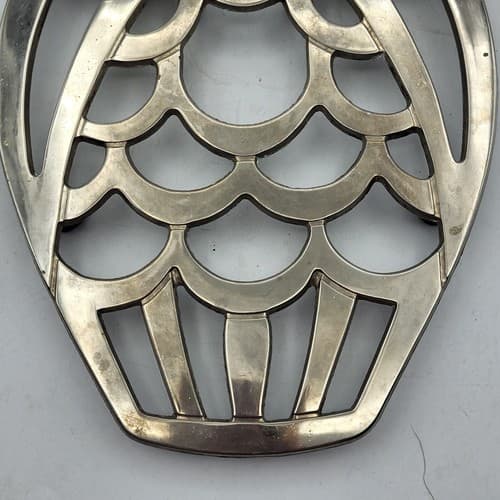 Leonard Silverplate Owl Trivet Large Rubber Feet MCM Made in Italy Big Eyes - Thumbnail 6