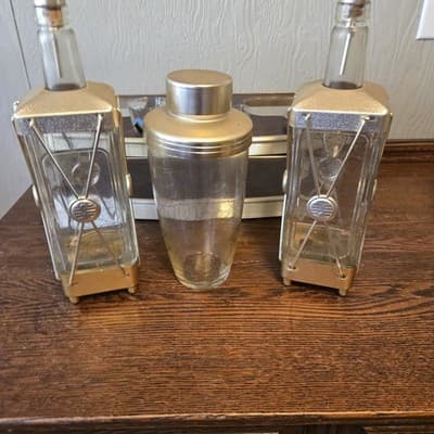 MCM Barware Set Musical Decanters Shaker Shot Glasses in Cart Brushed Goldtone - Thumbnail 4