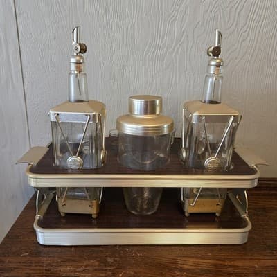 MCM Barware Set Musical Decanters Shaker Shot Glasses in Cart Brushed Goldtone - Thumbnail 3