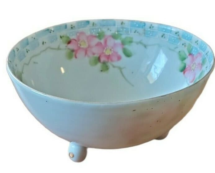 Vintage Japanese 3-Footed Trinket Dish Bowl Handpainted Pink Flowers Feminine - Thumbnail 3
