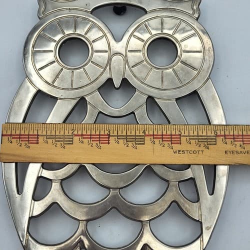 Leonard Silverplate Owl Trivet Large Rubber Feet MCM Made in Italy Big Eyes - Thumbnail 7