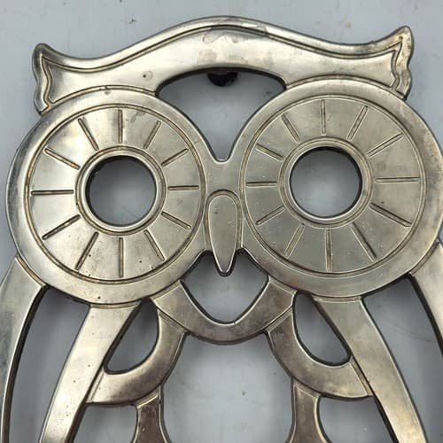 Leonard Silverplate Owl Trivet Large Rubber Feet MCM Made in Italy Big Eyes - Thumbnail 5