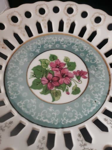 Vintage Japan Pedestal Candy Dish Reticulated Violets HP dusty blue 24k gold - Thumbnail 5