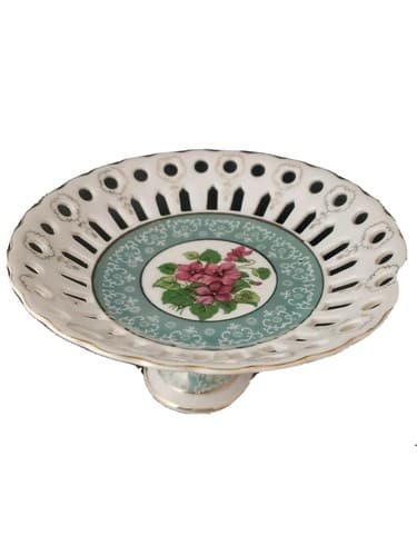 Vintage Japan Pedestal Candy Dish Reticulated Violets HP dusty blue 24k gold - Thumbnail 3