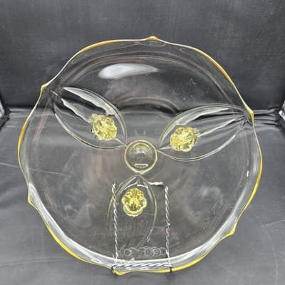 Vintage Lancaster Elegant Glass Three Footed Cake Serving Plate Yellow Scalloped - Thumbnail 2