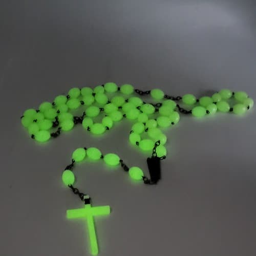 Rosary Beads Large Oval Glow in the Dark 30” Drop White Green Vibrant Vintage - Thumbnail 9
